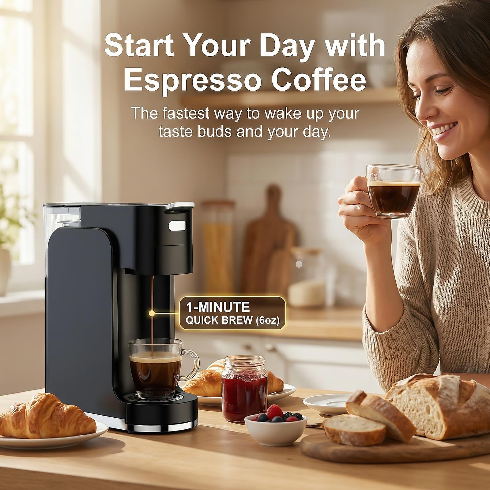 GVODE 4-in-1 Single Serve Coffee Maker, 3-Second Heat-Up, 20 Bar Espresso Machine, for K-Cup, Nespresso Original, DG Pods & Grounds, Black