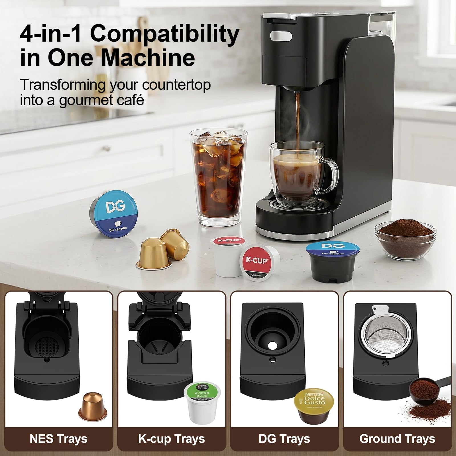 GVODE 4-in-1 Single Serve Coffee Maker, 3-Second Heat-Up, 20 Bar Espresso Machine, for K-Cup, Nespresso Original, DG Pods & Grounds, Black