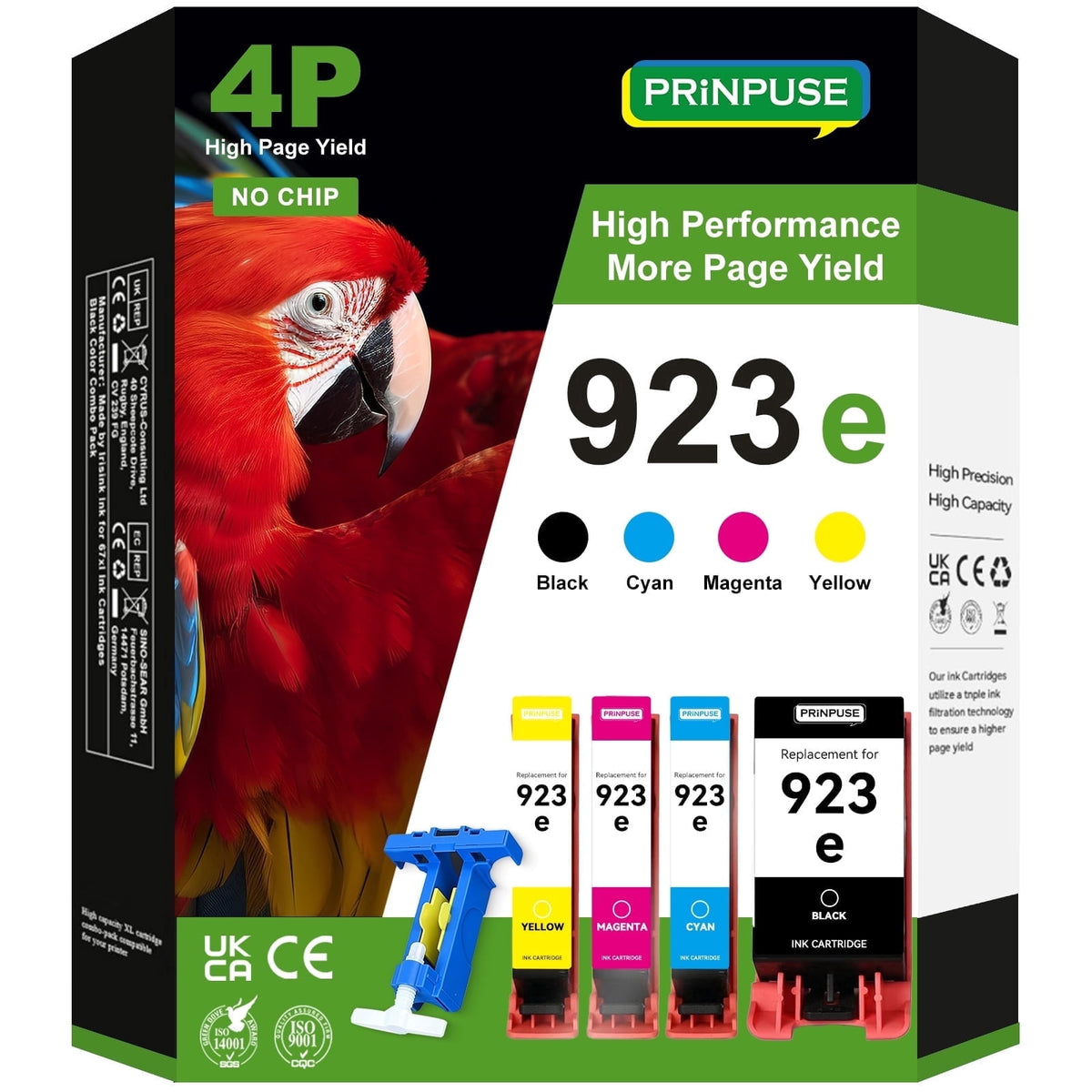 923 923XL 923e Ink Cartridge No Chip Compatible for HP 923 923e OfficeJet Pro 8130 8135e 8138e 8139e 8120 8122e OfficeJet 8124e 8125e 8132e 8134e Printer Black Cyan Magenta Yellow (4-Pack)