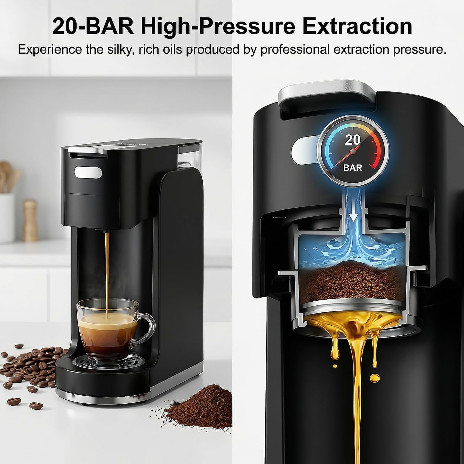 GVODE 4-in-1 Single Serve Coffee Maker, 3-Second Heat-Up, 20 Bar Espresso Machine, for K-Cup, Nespresso Original, DG Pods & Grounds, Black